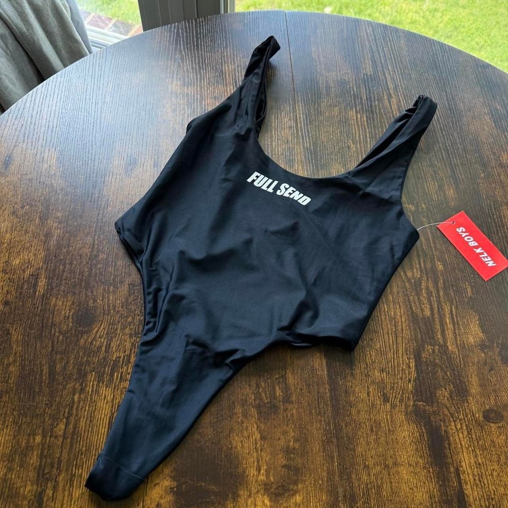 NWT Full Send Women's One Piece Swimsuit Black Thong Cheeky High Cut Size Medium